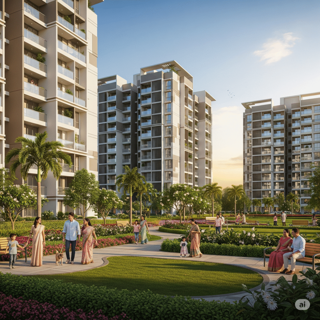 "A wide-angle, photo-realistic image of a modern apartment complex in Solapur, India. Show clean, premium high-rise buildings with balconies, landscaped green spaces, and Indian families walking or relaxing. The atmosphere should feel modern, warm, and trustworthy. Include a mix of middle-class and upwardly mobile families, suggesting affordable yet quality living. Use soft golden-hour lighting to evoke comfort and long-term value. The image should be cinematic, with clear skies and a welcoming vibe — ideal for a website hero or About Us section banner."