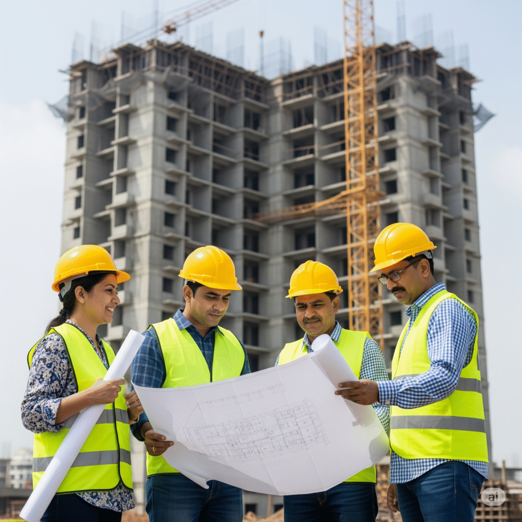 Experienced builders and engineers at a construction site in Solapur by Jay Group, showcasing 15+ years of real estate expertise.