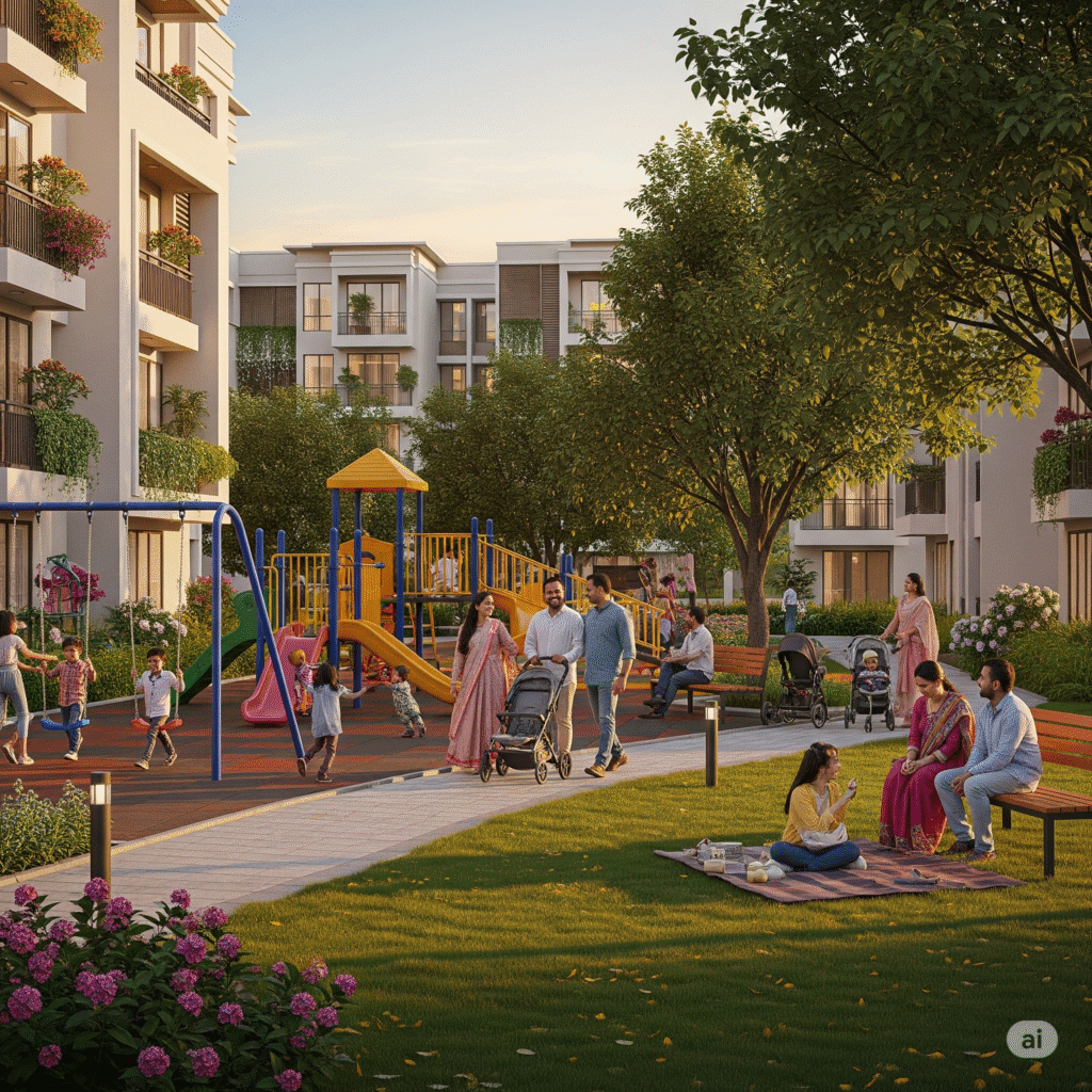 Happy Indian families enjoying community spaces in a Jay Group apartment complex in Solapur.