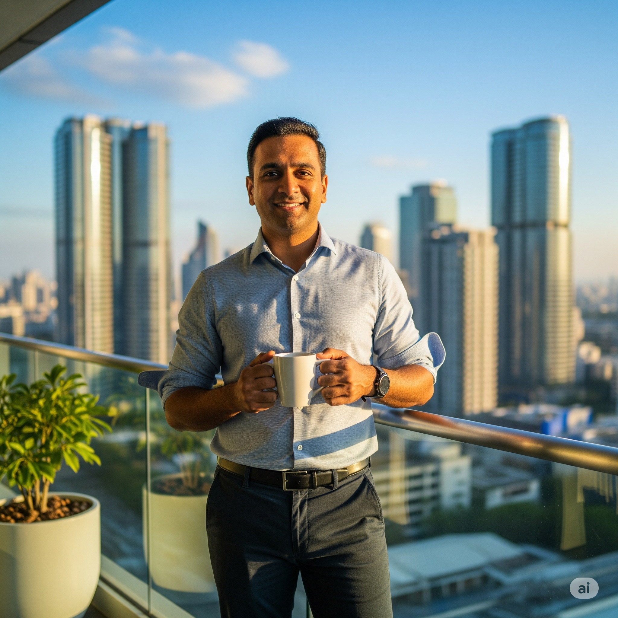 "Professional-looking image of a mid-30s Indian man in smart-casual attire, standing on a balcony with city view, holding a coffee mug. Smiling, relaxed, modern apartment buildings in the background. Ideal for real estate lifestyle testimonial."