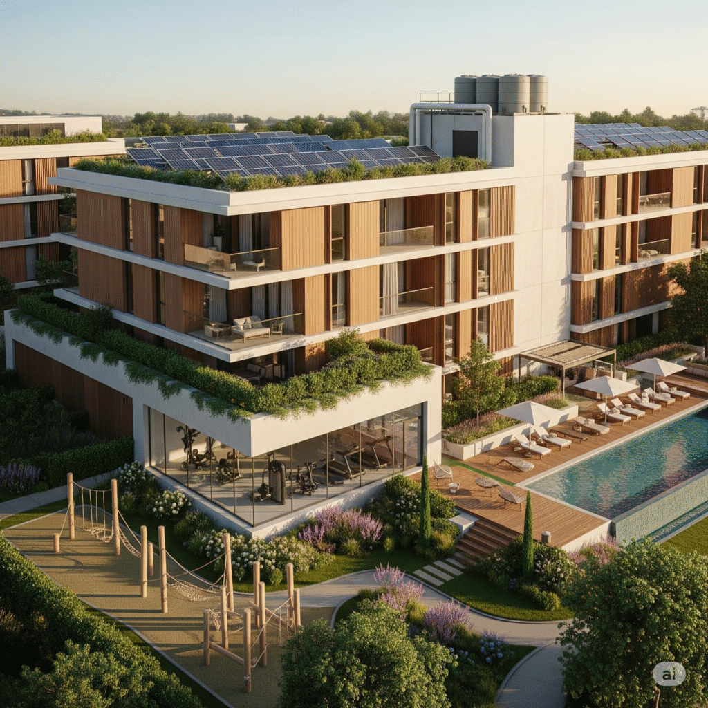 Eco-friendly apartment complex in Solapur with solar panels, green spaces, and modern lifestyle amenities by Jay Group.