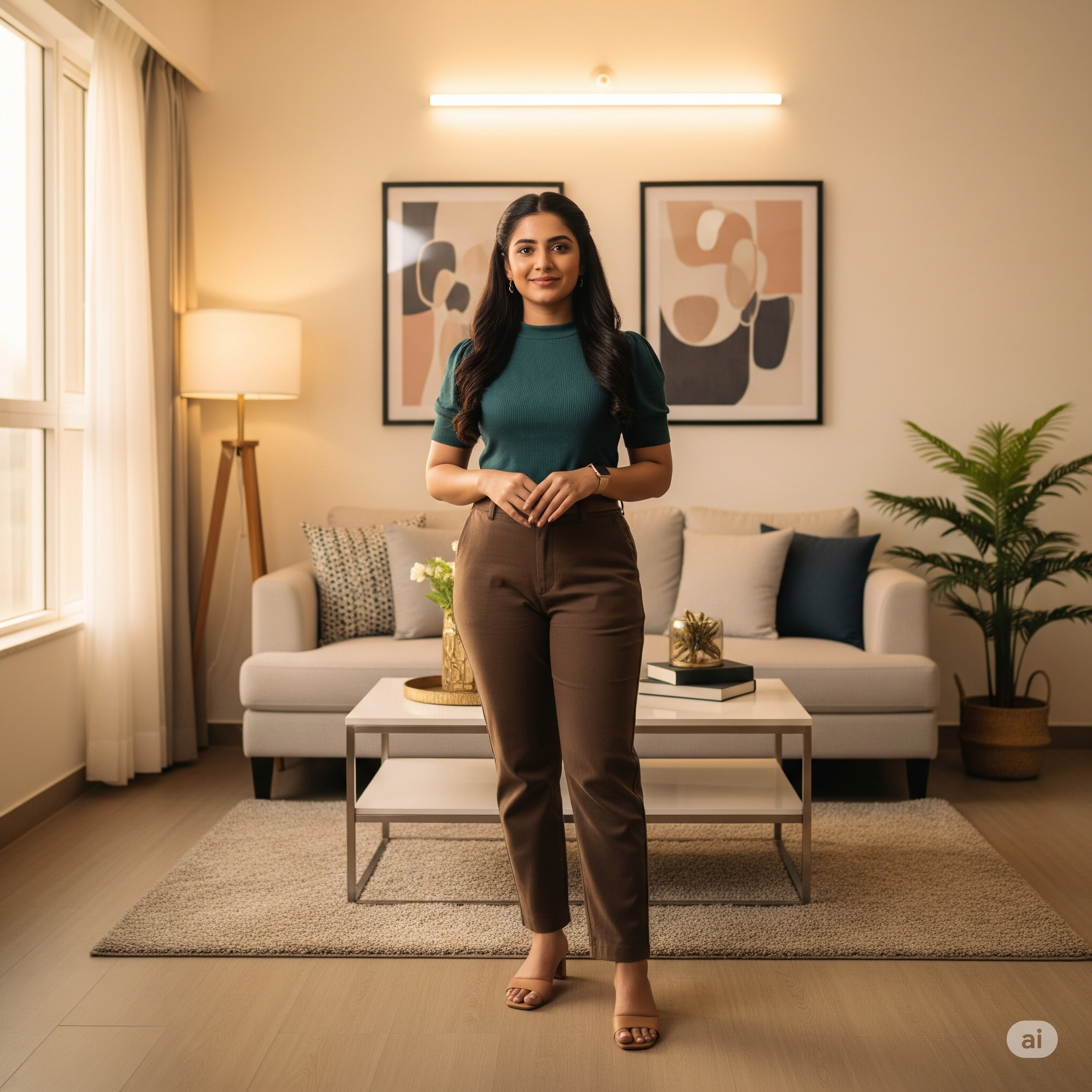 "Photo-realistic image of a young Indian woman standing confidently in the living room of her modern 2 BHK apartment. Warm lighting, elegant yet casual clothing, clean interior, calm and content expression. Suitable for real estate testimonial."