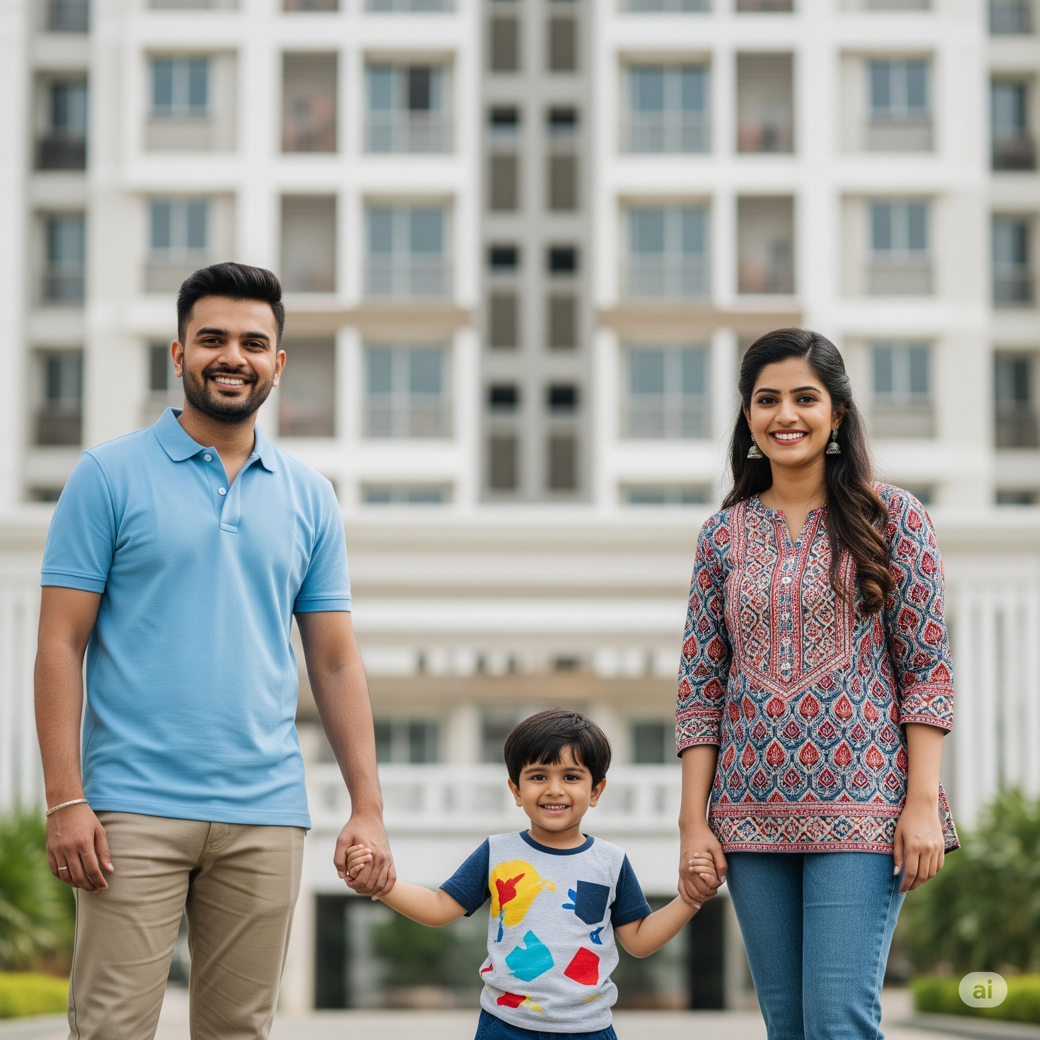 "Realistic photo of a young Indian couple with a child, standing proudly outside their new apartment complex in Solapur. Modern building in the background, smiling, casually dressed, family-friendly vibe, bright natural lighting. Suitable for real estate client testimonial."